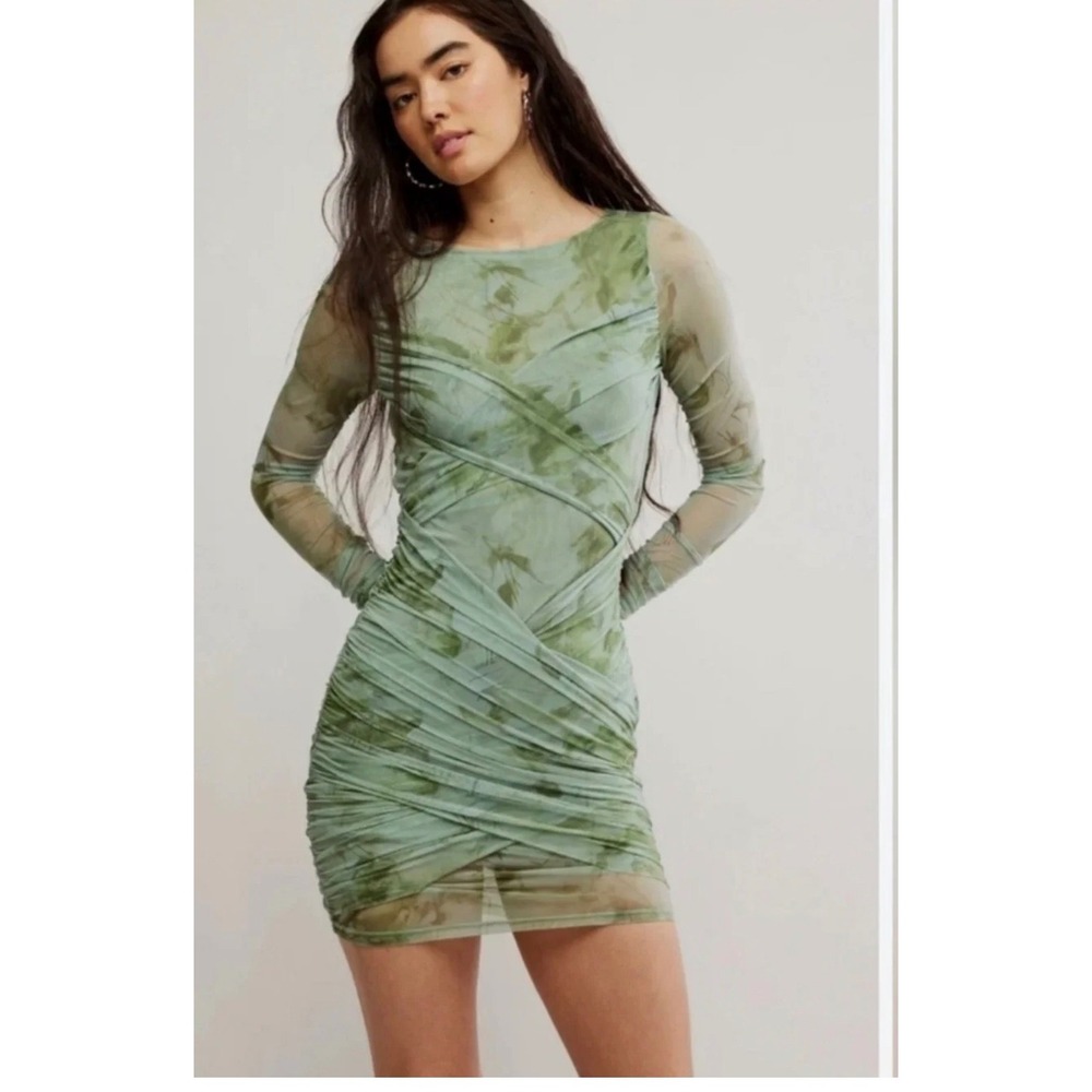 Free People Mesh Mini Dress Sage Green Tie Dye Ruched Bodycon  XS